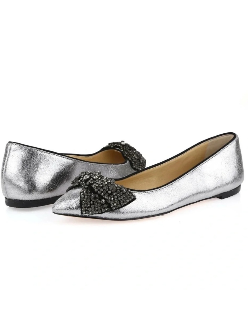 Tory Burch Vanessa Metallic Silver Pointed Toe Crystal Bow Ballet Flats 7.5